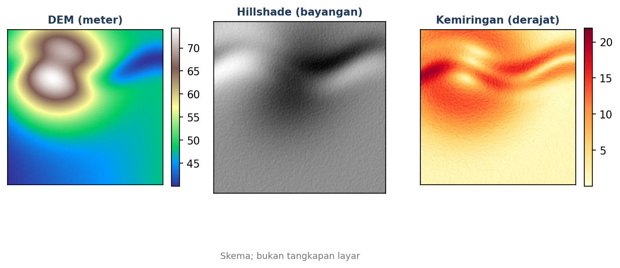 Skema dari data latihan: DEM berwarna ketinggian, hillshade, dan peta kemiringan