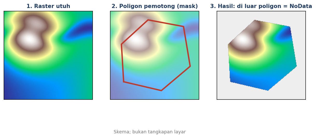 Skema dari data latihan: raster utuh, poligon pemotong tidak beraturan, dan hasilnya dengan area luar menjadi NoData