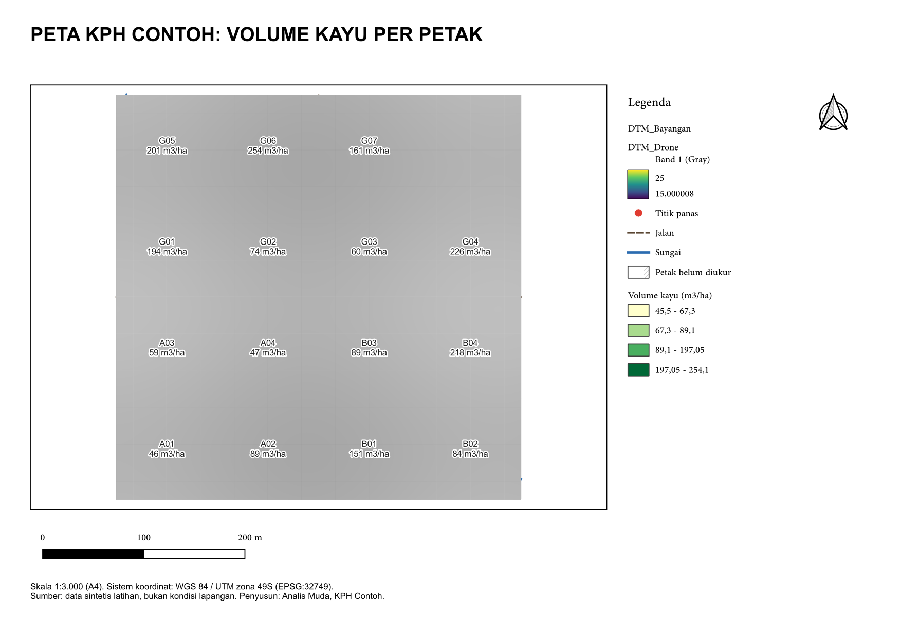 Peta KPH Contoh pada A4 lanskap: petak diwarnai menurut volume kayu, dengan legenda, batang skala, dan panah utara