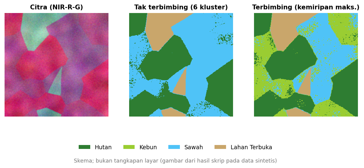 Citra komposit warna semu, peta tak terbimbing enam kluster, dan peta terbimbing kemiripan maksimum