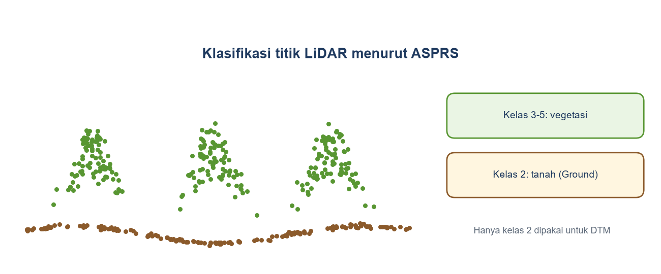 Diagram titik LiDAR: titik tanah berkelas 2 berwarna cokelat, titik vegetasi berkelas 3 sampai 5 berwarna hijau; hanya kelas 2 dipakai untuk DTM.