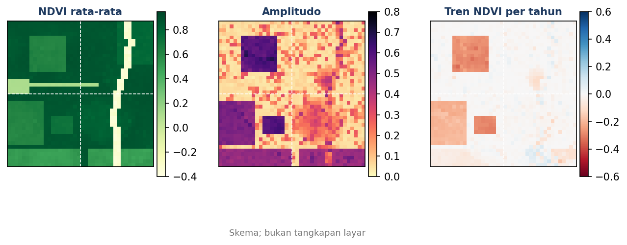 Tiga peta: NDVI rata-rata, amplitudo, dan tren NDVI per tahun