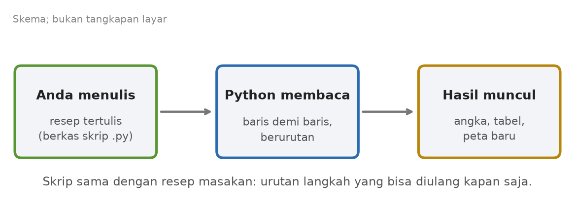 Skema tiga tahap: Anda menulis skrip, Python membacanya baris demi baris, lalu hasil muncul berupa angka, tabel, atau peta