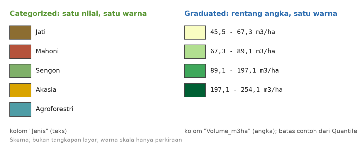 Skema dua cara mewarnai: Categorized memberi satu warna untuk tiap nilai teks pada kolom Jenis, Graduated memberi satu warna untuk tiap rentang angka pada kolom Volume_m3ha