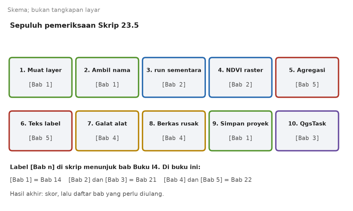 Skema sepuluh kotak pemeriksaan dengan label bab Buku I4 dan padanannya di buku ini